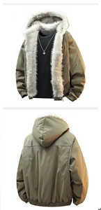 Detail van de parka herenjas met capuchon en warme voering van imitatiebont