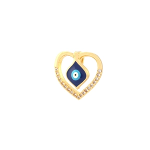 Detailed view of a golden heart pendant with a blue evil eye and sparkling crystals