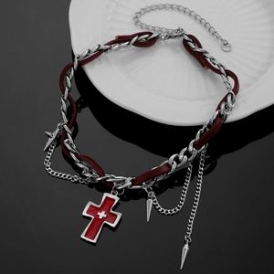 Punk Y2K red leather and steel chain choker featuring a silver cross and metallic spikes