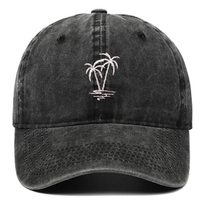 Vintage washed dark grey baseball cap with pink coconut tree embroidery and curved brim