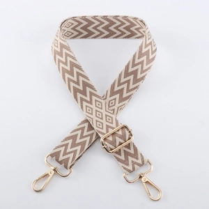 Detail of ethnic geometric embroidered bag strap with gold metal swivel lobster hooks