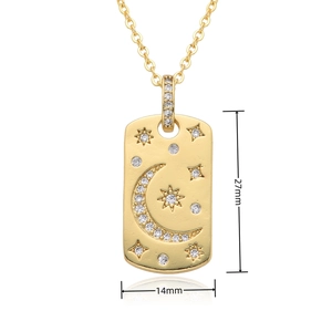 Detailed view of gold rectangle pendant with crescent moon and stars showing 27mm height