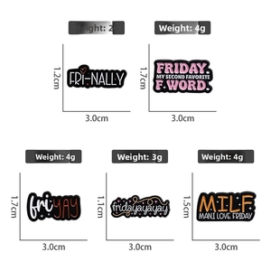 Set of 5 geometric metal enamel Friday badges in black with pink and white text designs