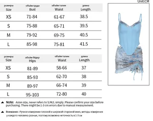 Size chart for lace corset top and floral skirt set with detailed cm measurements
