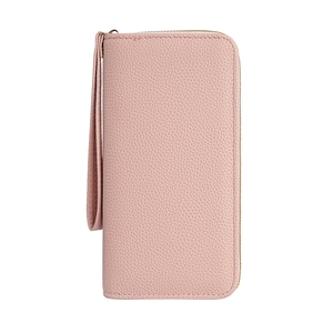 Pink lychee texture long wallet for women with golden zipper and wrist strap