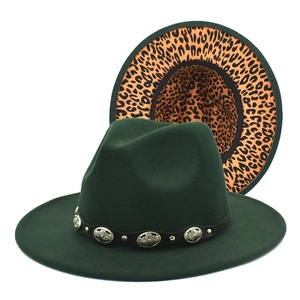 British Style Woolen Fedora Hat Leopard Print Lining Metal Buckle Leather Belt Wide Brim Fashion Jazz Hat for Women