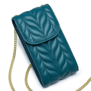 Quilted leaf pattern genuine leather crossbody phone bag in dark teal with gold chain