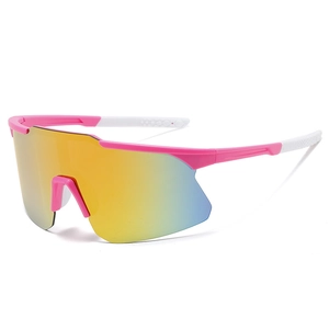 Close-up of pink square cycling sunglasses with anti-slip white temples and colorful lenses