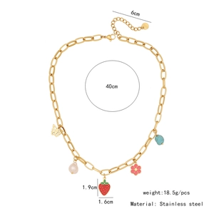 Detail showing stainless steel necklace with strawberry pendants and size measurements