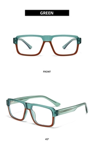Close-up of retro square glasses frame showing dual-tone green and brown finish