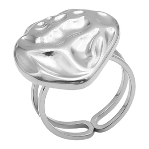 Detail of silver hollow double-band ring with irregular embossed surface and open size