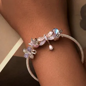 S925 sterling silver charm bracelet with purple floral and butterfly pendants