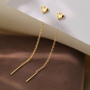 Elegant gold heart threader earrings with minimalist long tassels in S925 sterling silver