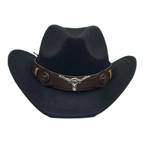 Classic black wool felt western cowboy hat with brown leather band and silver bull logo