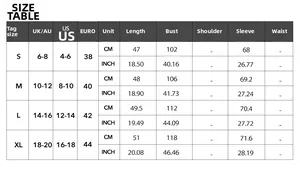 Detailed size guide table for women's casual knit sweater with EU, US, and UK measurements