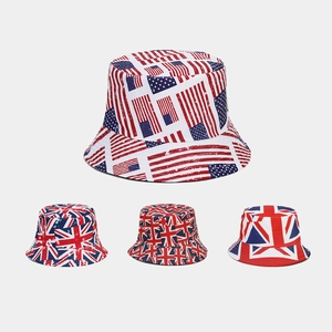 Detail of reversible bucket hat featuring American and British flag patterns in cotton twill