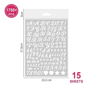Detailed view showing 15 sheets with 1768+ alphabet and number stickers in 17.5x13.2cm size