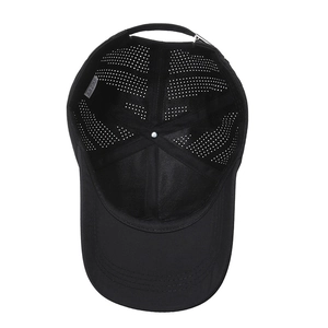 Men's black breathable baseball cap with laser-cut holes and adjustable strap for outdoors