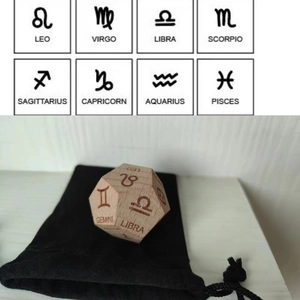 Wooden astrology date night dice with zodiac symbols and black velvet storage bag