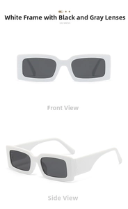 Detailed views of white rectangular sunglasses with thick temples and dark gray lenses