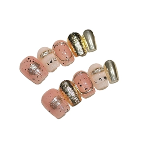 Faux ongles rétro rose champagne et poudre de miroir avec paillettes argentées
