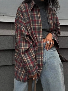 Vintage plaid flannel button-down shirt for women in a stylish street style outfit