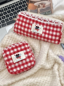 Knitted cherry plaid stationery pouch set with lace trim and plush red checkered fabric