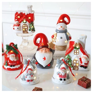 Detail of Santa and Snowman LED ceramic ornaments with warm festive background lights