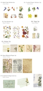 Dettaglio di adesivi vintage con funghi e farfalle e motivi botanici per scrapbooking