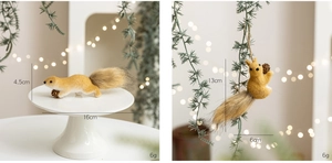 Detail of warm yellow felt squirrel ornaments with size dimensions and soft bokeh background