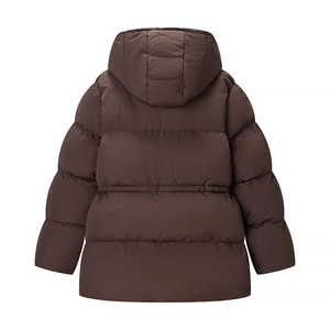 Women's dark brown hooded quilted coat with drawstring waist and long-line back view