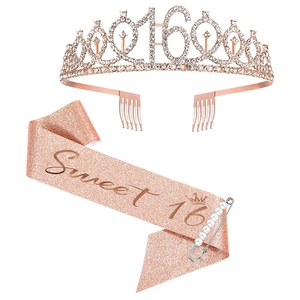 Detail of rose gold 16th birthday tiara and Sweet 16 glitter sash with pearl pin