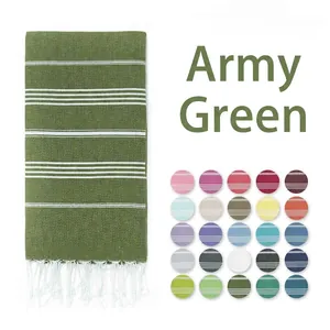 Army green Turkish beach towel with white stripes and 25 color swatches for selection