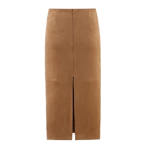 Brown high-waisted faux suede pencil skirt with front slit and straight silhouette