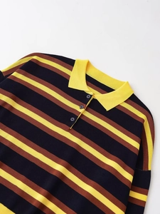 Detail of knit polo shirt collar with horizontal yellow and brown stripes and buttons