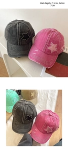 Detailed view of vintage distressed baseball cap with star patch and 7cm wide brim