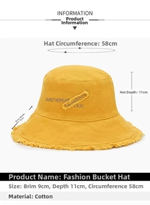 Size specifications and material details for the yellow frayed cotton bucket hat