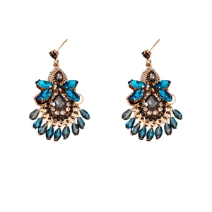 Vintage bohemian crystal tassel earrings with blue marquise rhinestones on gold base
