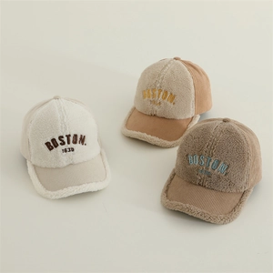 Fleece and corduroy kids baseball caps with Boston 1630 embroidery in three warm colors