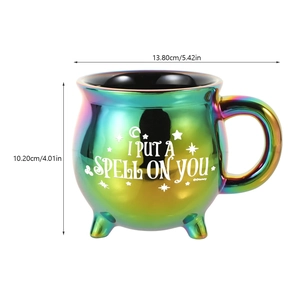Rainbow plated cauldron mug with dimensions 13.80x10.20cm and I Put A Spell On You text