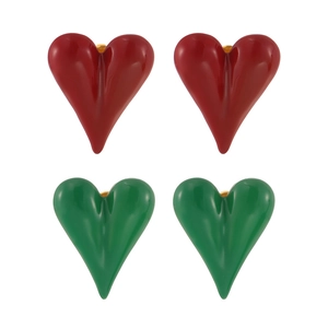 Colorful heart stud earrings with red and green enamel finish and golden metal base
