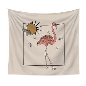 Detail showing the flamingo pattern and golden geometric sun on a soft cream tapestry