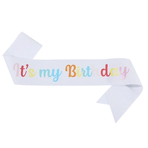 Glittery white It's my Birthday sash with colorful lettering for birthday party decoration
