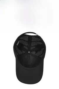 Close-up of lightweight black breathable baseball cap with full-hole mesh and inner structure