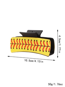 Detailed dimensions of the yellow baseball hair claw clip showing 10.5cm length and 50g weight