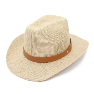 Classic beige woven straw fedora hat featuring a brown leather band and metal rivet detail
