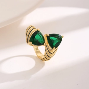French Style Geometric Triangle Zirconia Enamel Open Ring For Women Luxurious Gold Plated Copper Adjustable Fashion Jewelry