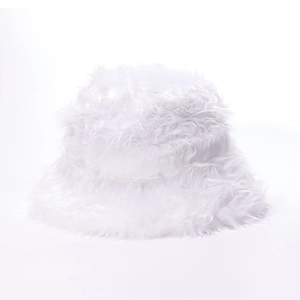 Close-up of white plush faux fur bucket hat showing soft texture and thick thermal material