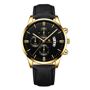 Front view of SHAARMS men's watch with gold case, black leather strap and calendar display