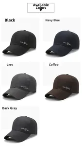 Detail showing five colors of men's twill baseball caps with side sport logo embroidery